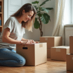 Femme emballant un carton dans un salon organisé