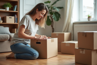 Femme emballant un carton dans un salon organisé