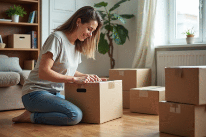 Femme emballant un carton dans un salon organisé