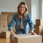 Jeune femme souriante préparant un déménagement dans un appartement lumineux