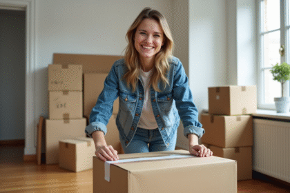 Jeune femme souriante préparant un déménagement dans un appartement lumineux
