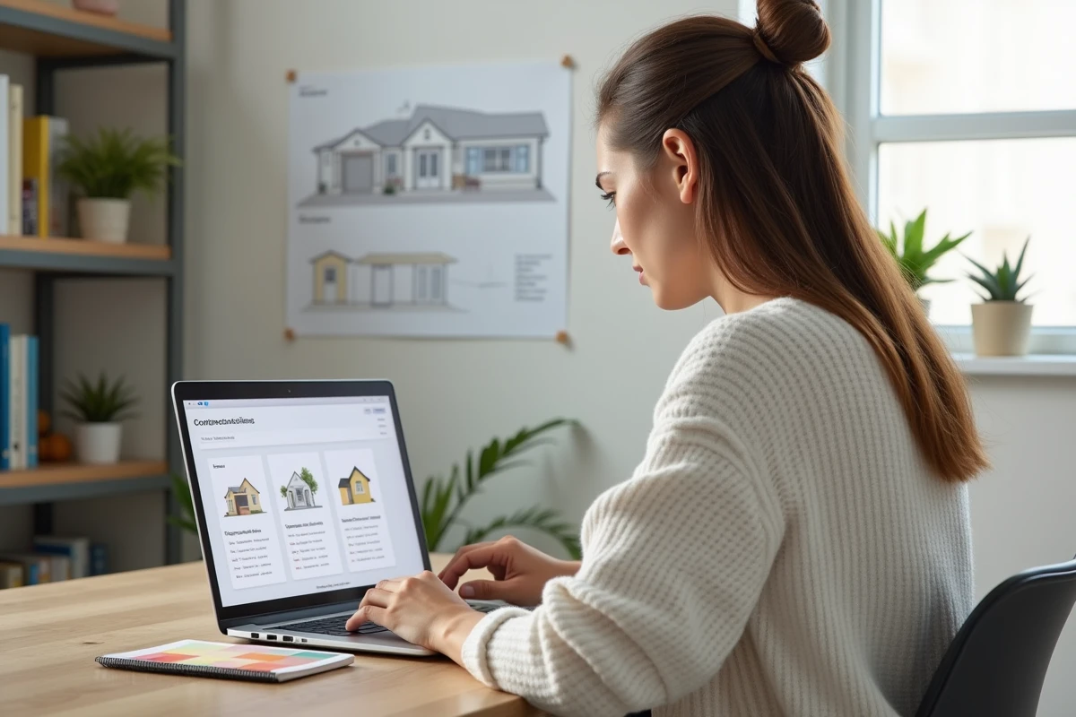 Jeune femme comparant des devis de travaux sur un ordinateur