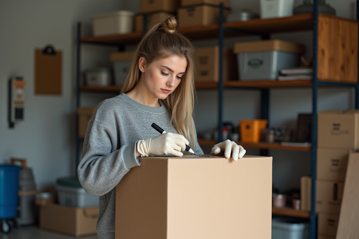 Jeune femme étiquetant une caisse dans un garage moderne