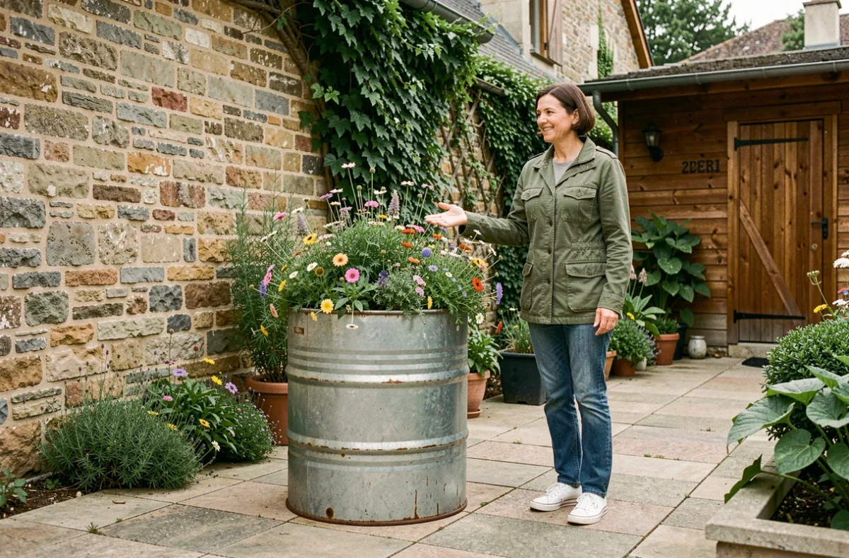 Femme devant un fût métallique de 200 litres recyclé en jardinière fleurie sur une terrasse pavée
