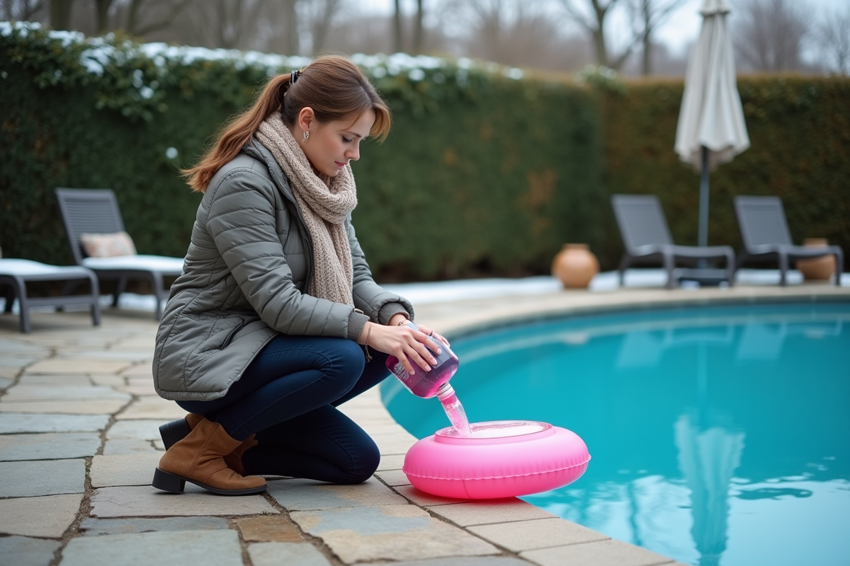 Femme versant antifreeze dans une piscine en hiver