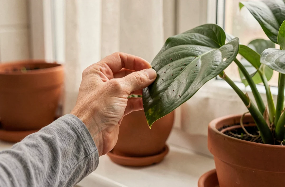 Femme inspectant la feuille d'une plante d'intérieur infestée d'acariens rouges à la maison