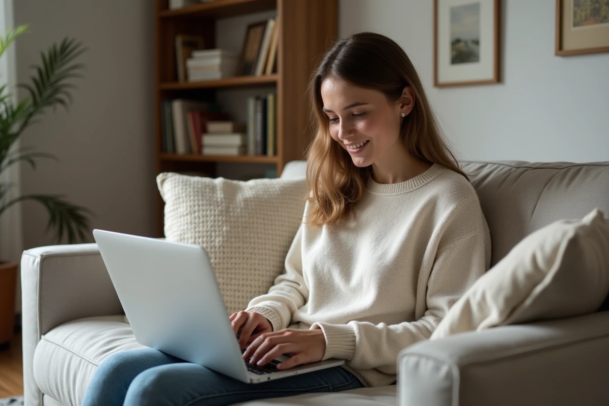 Jeune femme souriante utilisant un ordinateur dans un salon cosy