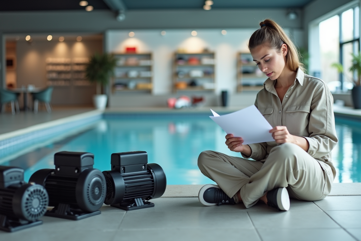 Jeune femme lisant un manuel près de moteurs piscine