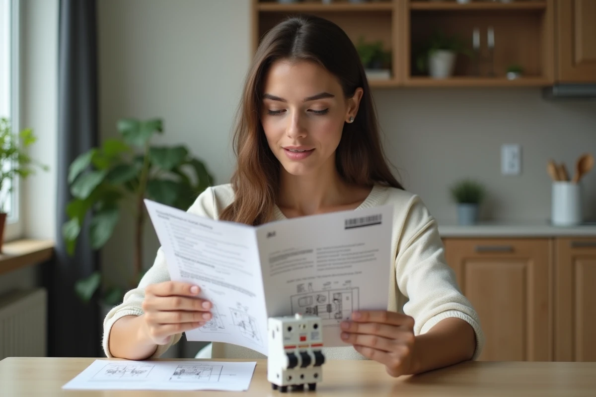 Jeune femme lit un guide électrique avec un disjoncteur devant elle