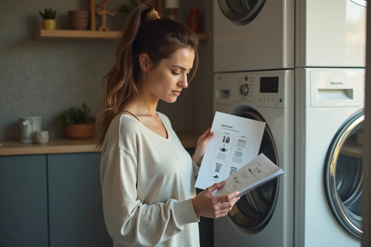 Femme lisant le manuel d'une machine à laver pour comprendre le symbole vapeur et son utilité pour le linge