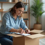 Femme mesurant une boîte en carton dans un bureau lumineux