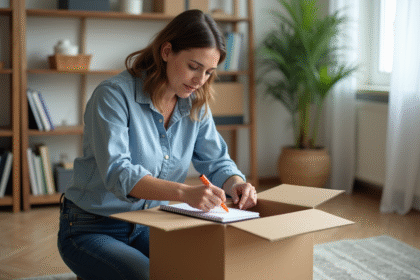 Femme mesurant une boîte en carton dans un bureau lumineux