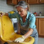 Femme en tenue décontractée nettoyant une chaise en plastique jaunie