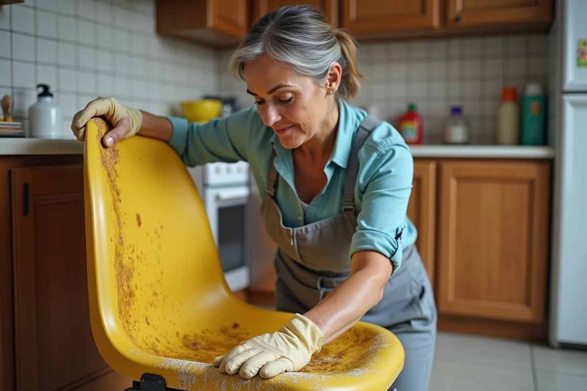 Femme en tenue décontractée nettoyant une chaise en plastique jaunie