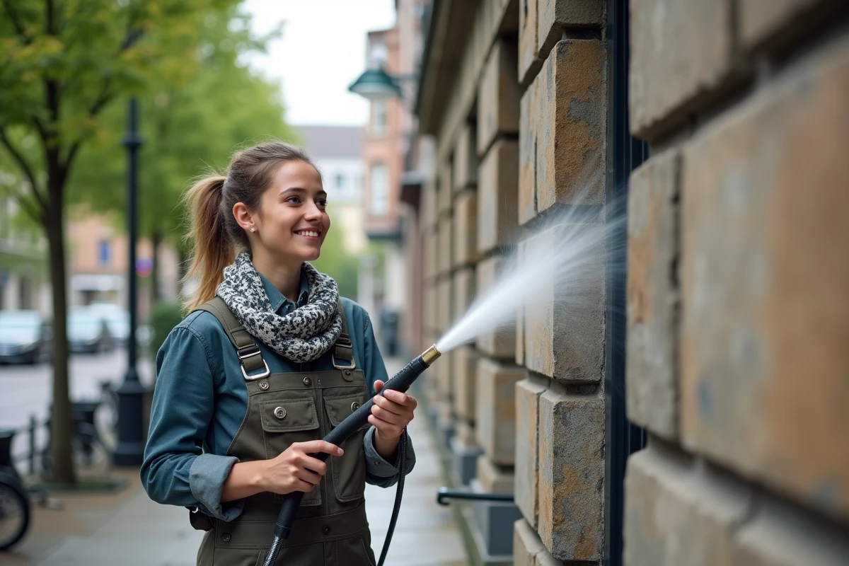 Jeune femme pressure washing une façade urbaine