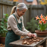 Femme nettoyant des bulbes de lys dans le jardin automnal