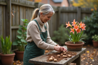 Femme nettoyant des bulbes de lys dans le jardin automnal