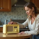 Femme nettoyant un radio vintage dans la cuisine