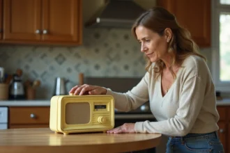 Femme nettoyant un radio vintage dans la cuisine
