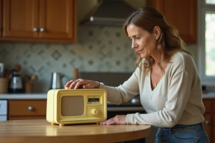 Femme nettoyant un radio vintage dans la cuisine