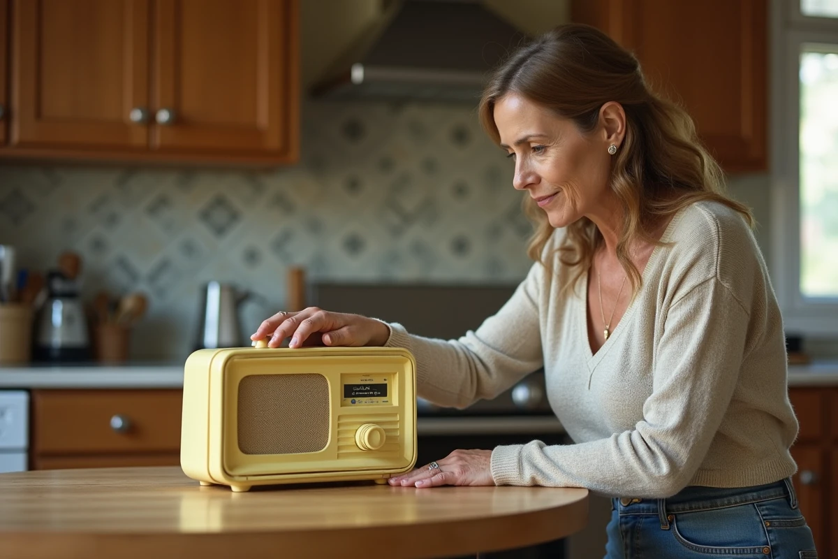 Femme nettoyant un radio vintage dans la cuisine