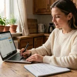 Femme consultant un outil de budget maison sur son ordinateur portable dans une cuisine chaleureuse