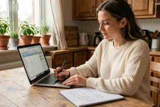 Femme consultant un outil de budget maison sur son ordinateur portable dans une cuisine chaleureuse