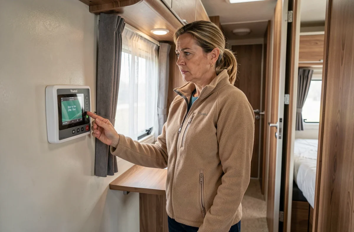 Femme consultant un message d'erreur sur le panneau de commande Truma iNet à l'intérieur d'un camping-car