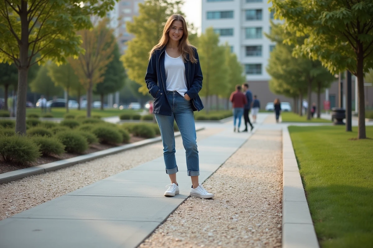 Jeune femme touchant une allée en béton exposé dans un parc
