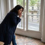 Femme parisienne regardant une vitre brisee dans son appartement