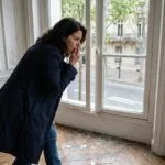 Femme parisienne regardant une vitre brisee dans son appartement
