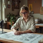 Femme cousant à la maison en utilisant un patron de couture kallou.fr étalé sur sa table en bois