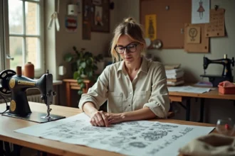 Femme cousant à la maison en utilisant un patron de couture kallou.fr étalé sur sa table en bois