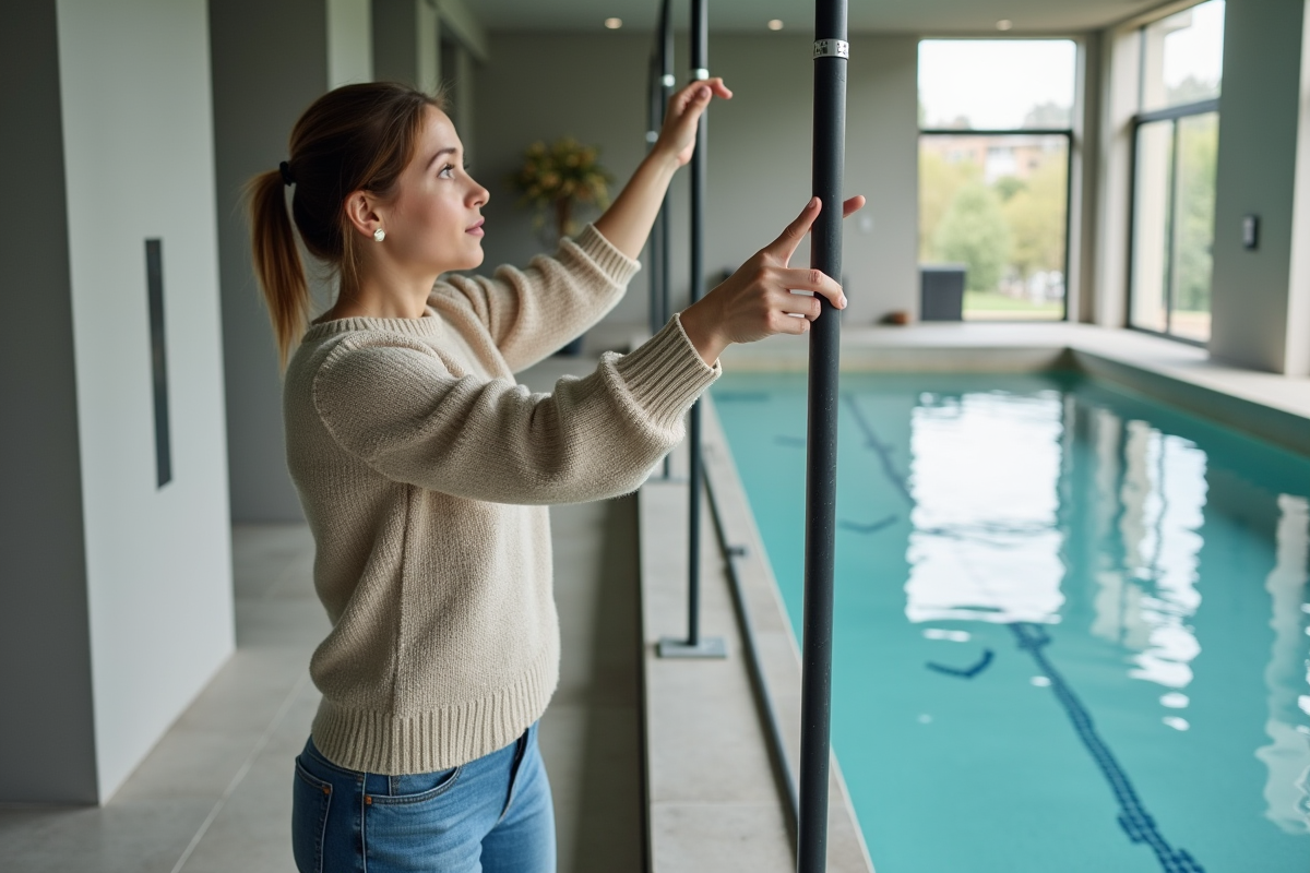 Femme pointant des tuyaux noirs près de la piscine intérieure
