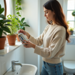 Jeune femme arrosant une plante dans un petit bain lumineux