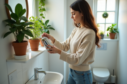 Jeune femme arrosant une plante dans un petit bain lumineux