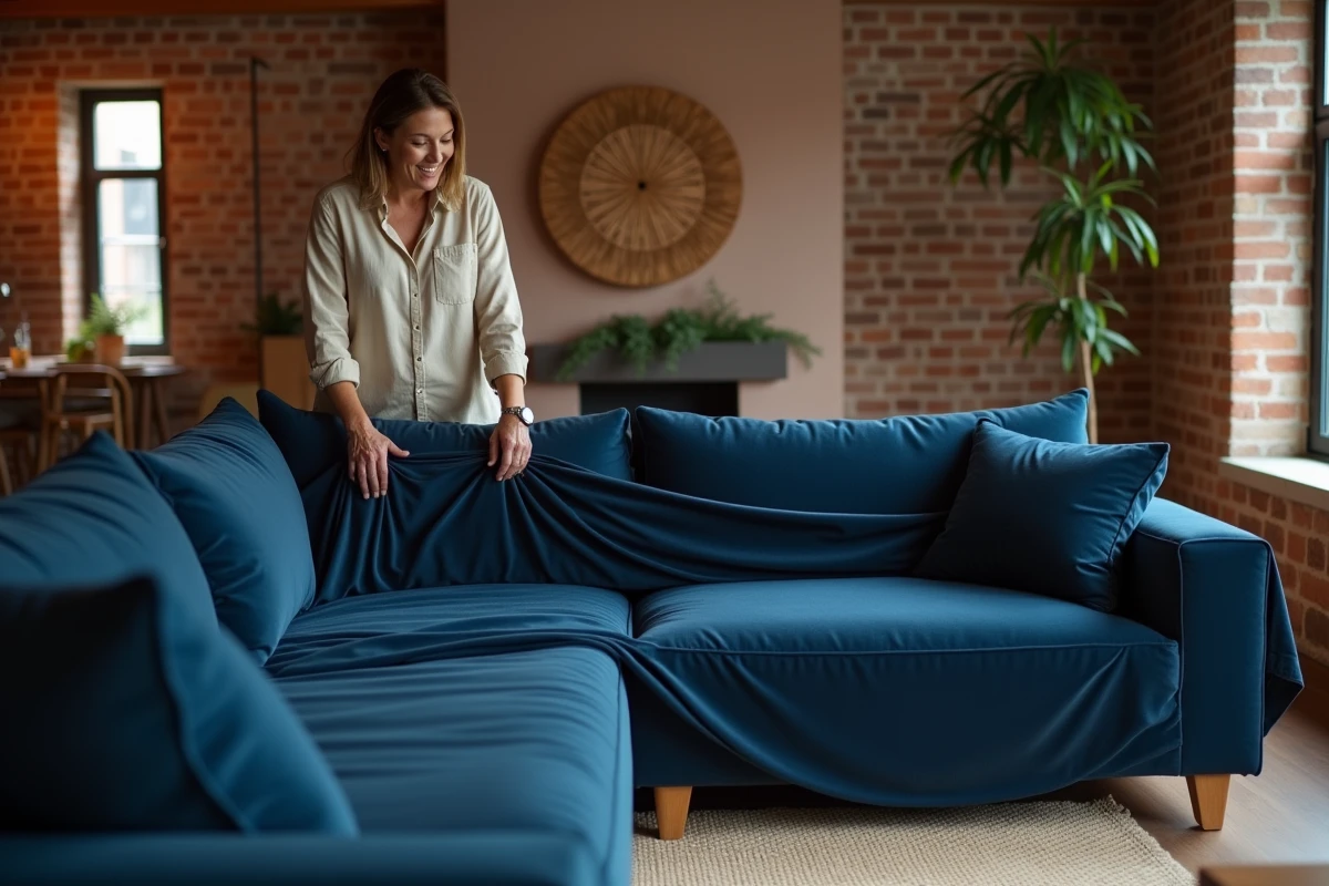 Femme installant une housse velours bleu marine sur un canapé d'angle U dans un salon contemporain cosy