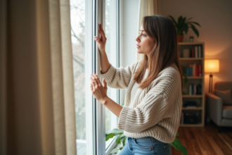 Femme touchant un rideau thermique dans un salon moderne