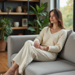 Femme élégante assise dans un salon moderne et cosy