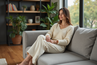 Femme élégante assise dans un salon moderne et cosy