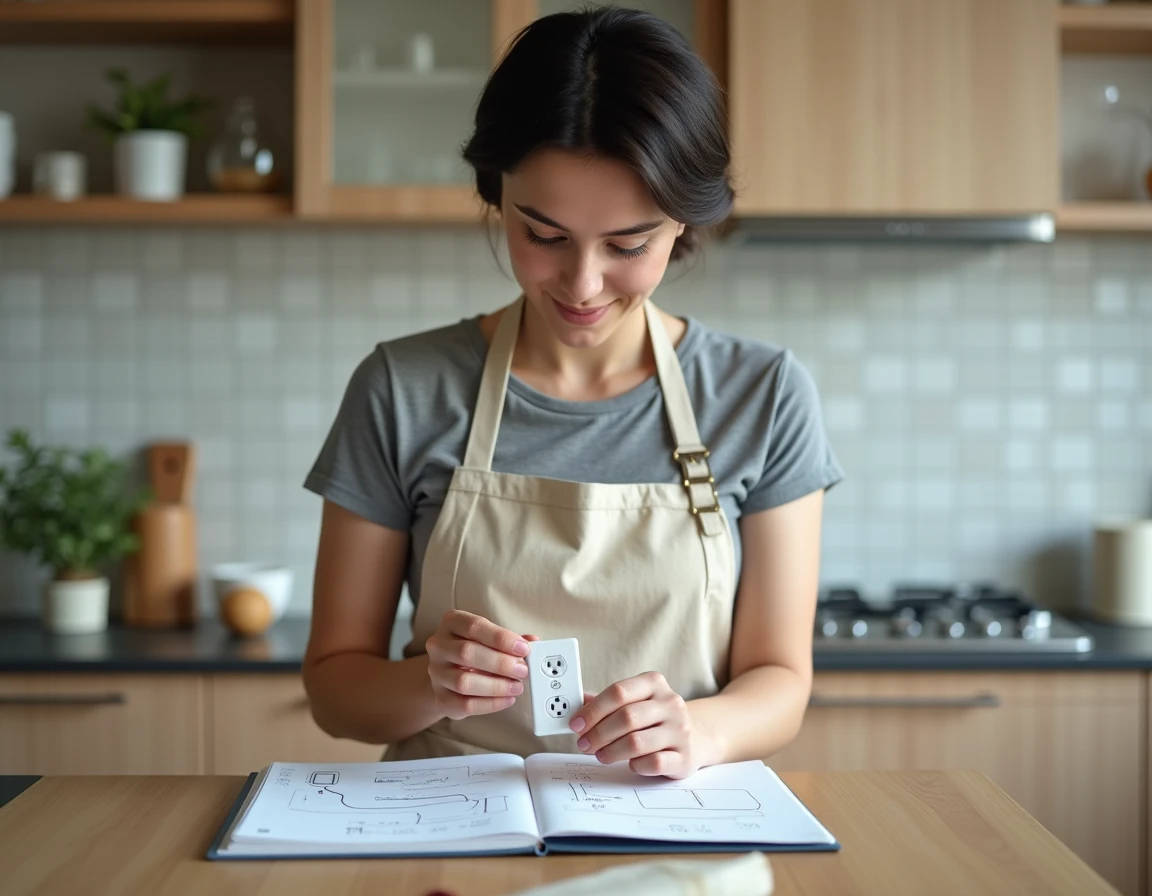 Femme étudiant un schéma de branchement électrique à trois fils dans une cuisine lors de travaux de rénovation
