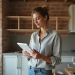 Femme consultant le site maisonluminea.fr sur une tablette dans une cuisine en cours de rénovation