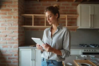 Femme consultant le site maisonluminea.fr sur une tablette dans une cuisine en cours de rénovation