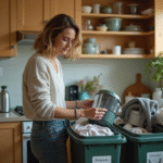 Femme triant des objets recyclables dans sa cuisine moderne