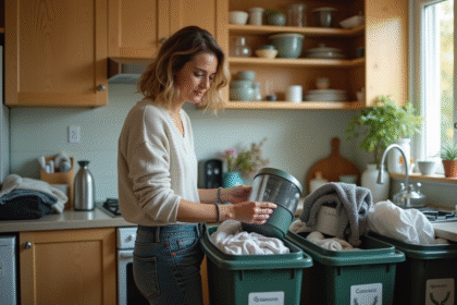 Femme triant des objets recyclables dans sa cuisine moderne