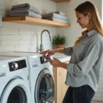 Femme utilisant le programme 6th Sense d'un lave-linge Whirlpool 9kg en consultant son smartphone pour remplacer la notice papier