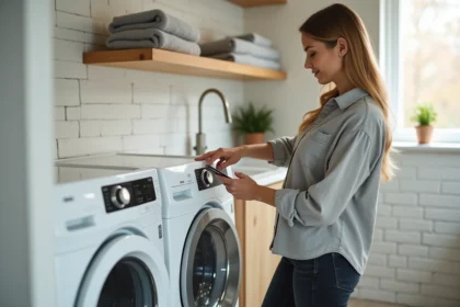 Femme utilisant le programme 6th Sense d'un lave-linge Whirlpool 9kg en consultant son smartphone pour remplacer la notice papier