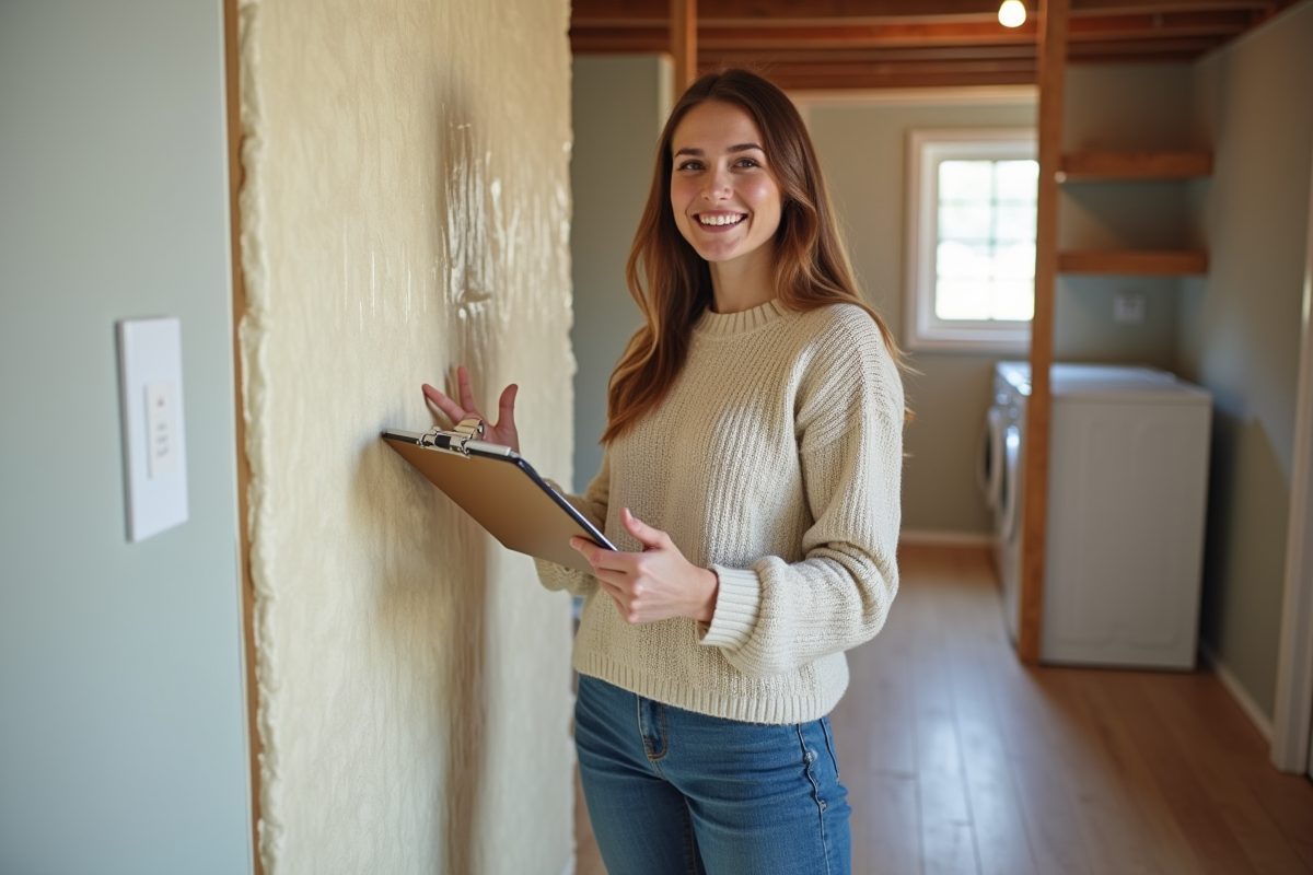 Femme souriante vérifiant des panneaux isolants dans un sous-sol