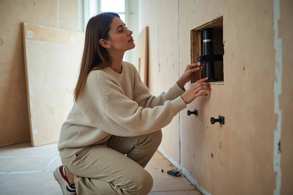 Jeune femme inspectant un support TV dans un appartement en rénovation