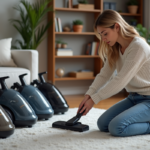 Femme d'âge moyen examine des aspirateurs en ligne dans un salon
